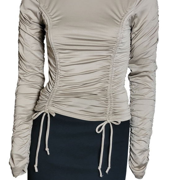 Long Sleeve Tight Fitted Mock Neck Ruched Top Taupe - Picture 4 of 7